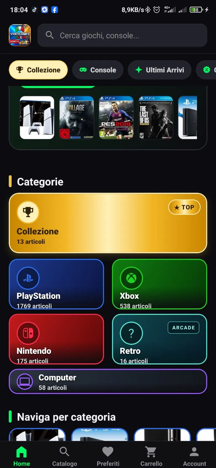 App VideoGamesItalia con categorie di prodotto